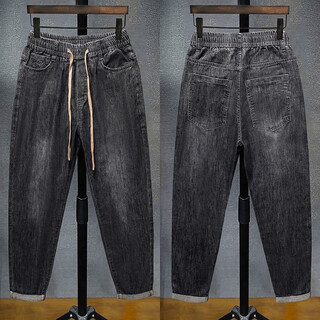 Men's trousers jeans spring and autumn drawstring elastic casual loose harem wear-resistant new elastic fat elastic soft denim black gray regular 33 145jin jin equals 0.5kg -160jin jin equals 0.5kg wear