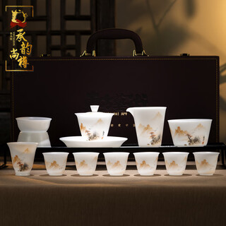 Master chengyun shangzun hand-painted ice-seed mutton-fat jade tea set household kung fu tea cup teapot high-end complete set of kung fu tea set master hand-painted chusheng hand-painted tea set