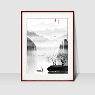 Zi teng suixuan ink landscape painting new chinese style living room decoration painting background wall mural chinese style entrance hall study hanging painting picture 2 35*50cm mahogany color solid wood frame