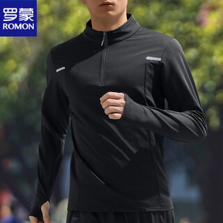 Romon quick-drying clothes men's half-zip training long-sleeved fitness clothes spring and autumn sports cycling sports t-shirt clothes tops black loose quick-drying sports m 100-120jin jin equals 0.5 kg