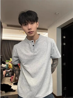 Katuchi american waffle henry collar heavy short-sleeved t-shirt men's summer loose trendy half-sleeved high street t-shirt gray gray xl