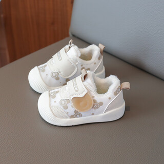 Joyncleon baby toddler shoes for girls spring and autumn new soft-soled non-slip boys' shoes infants and children breathable shoes for one year old beige plus velvet model size 17 (inner length 12.5cm, foot length 12cm)