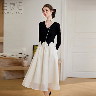 Bailuyu spring and autumn v-neck contrast color a-line long skirt elegant knitted splicing long-sleeved dress black apricot xl