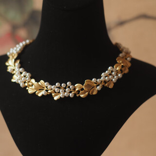 Taste ju vintage middle-aged necklace ginkgo leaf pearl retro brushed frosted palace style retro light luxury western antique