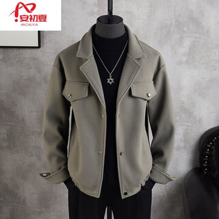 An chuxia suit collar woolen jacket men's handsome trendy brand short casual loose high-end woolen coat three-piece set f11 gray green jacket 2xl 150-165jin jin is equal to 0.5 kg