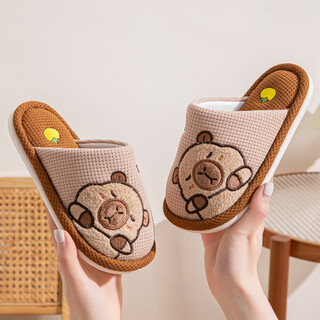 Robot pig children's cotton and linen slippers spring and autumn 2025 new boys and girls baby cartoon non-slip medium and large children's home shoes khaki color 34-35 size inner length 21cm