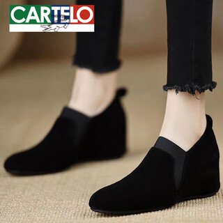 Cartelo brand 2025 handmade women's shoes new wedge heel round toe shoes comfortable nubuck leather elastic band solid color black women black 37