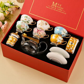 Heart-decorated garden, beautiful way, beautiful flower teapot, candle, heated teapot, teapot, afternoon tea tea set, glass health pot (6 cups and saucers + magnolia yellow flower teapot), red gift box, blooming flowers + bird stand