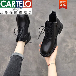 Cartelo genuine leather huizhou martin boots women's 2025 new fashion british style small leather shoes soft sole breathable spring and autumn single boots black single liner 37