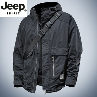 Jeep spirit jacket men's spring and autumn 2025 new fashion brand workwear hooded jacket men's loose versatile outdoor windproof jacket black recommended 130-150jin jin equals 0.5 kg xl