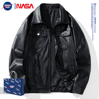 Whim nasa men's leather jacket men's spring american casual retro leather jacket for young and middle-aged motorcycles velvet thickened autumn and winter black 2xl
