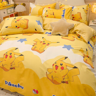Enxing pikachu cotton bed four-piece set 100 pure cotton pokémon bedding children's quilt cover sheet three-piece fitted sheet set 4 cotton-baby pikachu-pokémon genuine authorized 1.8m bed sheet four-piece set-quilt cover 200*230cm