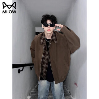 Cat man jacket men's autumn and winter maillard wear fake two-piece plaid plus velvet thickened large size jacket lapel baseball clothing 1802 brown xl (recommended 140-160 jin jin equals 0.5 kg)