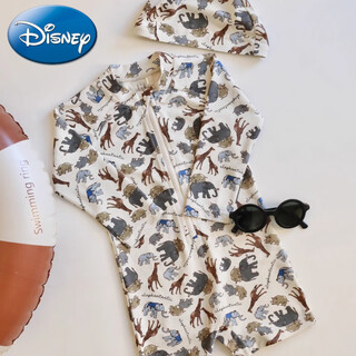 Disney 2025 new children's swimsuit boy's long-sleeved one-piece quick-drying hot spring swimsuit boy's sun protection baby animal park 90 cm