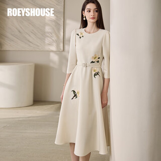 Roeyshouse luo yi autumn women's puff sleeve waist dress 2025 new heavy industry embroidered skirt 11706 beige 2xl (it is recommended to contact customer service to confirm before shooting)