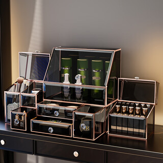 Kaman glass cosmetics storage box desktop transparent high-end lipstick skin care products dust-proof storage rack chinese valentine's day two-piece set dust-proof top + drawer layer