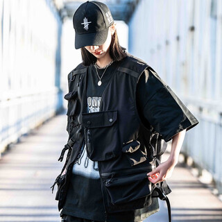 AOGZ国潮牌战术马甲男女春夏季潮流工装马夹多口袋机能风背心外套 黑色 2XL