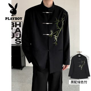 Playboy (playboy) new chinese style men's engagement suit chinese style stand collar tunic suit green bamboo embroidery boy adult dress suit wear black suit (green bamboo) xl
