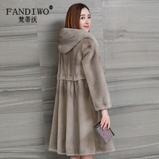 Fandiwo brand imported mink fur coat for women, mid-length fur mink coat for women, whole mink with hood, silver blue, imported small female mink, whole mink m, suitable for 80-100 jin jin is equal to 0.5 kg