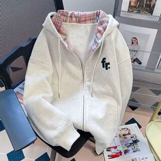 Yuan beiying retro plaid hooded sweatshirt jacket for women spring and autumn 2025 new style loose and lazy white gray velvet thickened m 86-105jin jin equals 0.5 kg