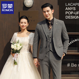 Luo meng groom wedding suit men's korean slim dress business professional formal suit men's british tops medium gray double button suit + trousers + vest + shirt xl 120-135jin jin equals 0.5 kg