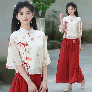 Yaoni hanfu female adult daily performance new chinese style improved cheongsam summer thin chiffon printed pants and skirt two-piece set short top + pants thin xl (recommended weight 115-125 jin jin equals 0.5 kg)