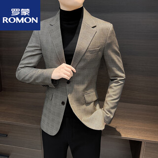 罗蒙（ROMON）休闲小西装外套男士春秋季2025新款上衣痞帅感千鸟格西服男款新品 卡其色 M 建议115斤以内