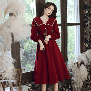 Zhufan's wedding dress for a married woman to return to her parents' home, a toast dress for the bride to wear in spring, plus size for pregnant women to cover their belly, for small people to get engaged, burgundy long-sleeved velvet fabric, regular style xl