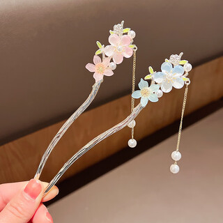 Qing bilin, two-pack, ancient style hair accessories, peach blossom imitation pearl tassel hairpin, hanfu updo hairpin, hairpin, step head head ornaments, main picture - two-pack