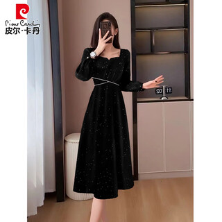 Pierre cardin french retro gentle style dress spring and autumn new large size slimming temperament engagement dress long skirt shiny black l recommended 110-125 jin jin equals 0.5 kg