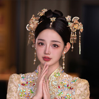 Dl 1998 fat donglai's same style xiuhe tiara, simple age-reducing new chinese style female bride's wedding dragon and phoenix gown, grand style, gold inlaid 9-piece tiara + ear clips