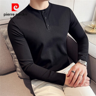 Pierre cardin henley collar long-sleeved t-shirt men's spring and autumn thickened slim tight bottoming shirt american retro henley shirt with trendy black xl