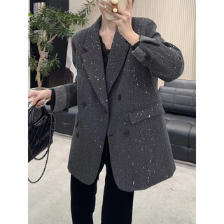 Nyig xiaoxiang feng shining diamond suit and cotton women's 2024 winter clothes new korean style mid-length thickened jacket gray m