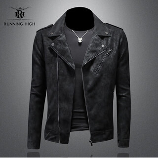 Running high brand 2025 spring and autumn jacket men's casual motorcycle wear leather jacket soft leather jacket men's diagonal zipper suit lapel black 9008 xl (140jin jin is equal to about 0.5 kg)