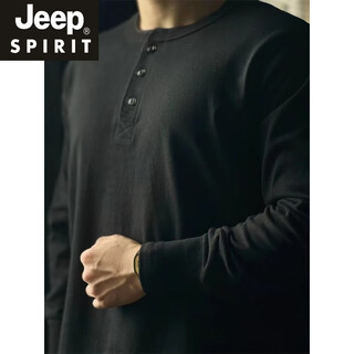 Jeep spirit pure cotton training heavyweight sports henley collar long-sleeved t-shirt men's bottoming henley shirt fitness clothes men's inner top black l ready in stock