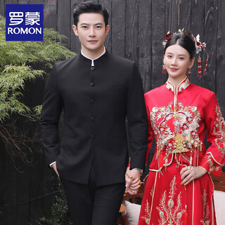 Romon new chinese style stand collar tunic suit suit men's chinese style groom wedding engagement dress suit slim suit black (suit + trousers) 2xl /54 135-150jin jin is equal to 0.5kg wear