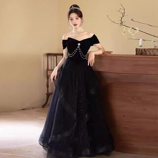 Aifangniao high-end french dress women's banquet evening dress one-shoulder host light luxury niche adult ceremony student art test skirt black l