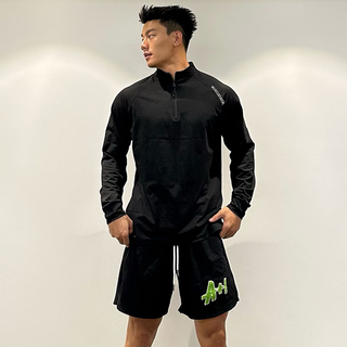 Kennedy fitness long-sleeved men's loose elastic half-zip sports t-shirt american running spring and autumn basketball training cycling jersey clone cotton long-sleeved t-shirt 2xl 160-168cm