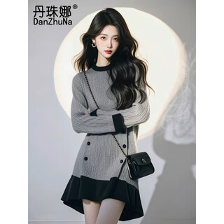 Danzhuna (danzhuna) small fragrant style dress 2025 autumn new french celebrity skirt lazy style daughter wear knitted short skirt gray knitted dress xl