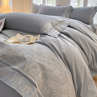 Mercury series category a maternal and infant grade 200-count pure cotton thickened brushed four-piece set of cotton embroidered quilt cover autumn and winter warm bedding class a maternal and infant grade pure cotton thickened brushed admiration - night gray 1.8m sheet style suitable for quilt core 200x230