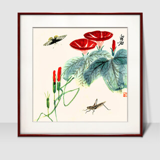 Zi teng suixuan qi baishi decorative painting new chinese style living room background wall hanging painting bedroom dining room restaurant ink shrimp mural morning glory 40*40cm mahogany color solid wood frame