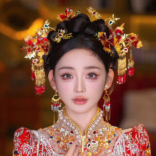 Youshu headdress xiuhe chinese style bridal headdress wedding xiuhe clothing headdress high-end simple and elegant golden red face small model headdress + ear clip