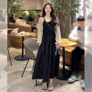 Feilifan french dress women's 2025 new autumn wear complete set of knitted cardigan temperament slim long skirt women khaki jacket + black dress l