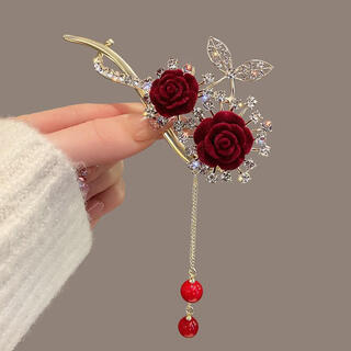 Shiyoushang red flower tassel hairpin wedding celebration mother-in-law tiara elegant cheongsam bun hair clip mother style cherry tassel