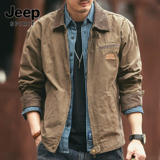 Jeep spirit jeep american retro heavyweight work jacket 2024 men's spring and autumn pure cotton new outdoor hunting jacket handsome jacket khaki xl suitable for 155-175jin jin equals 0.5 kg