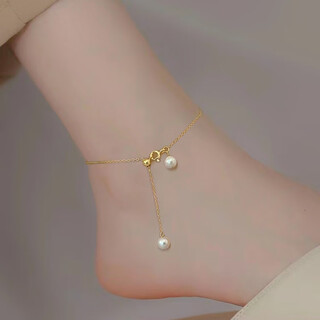 Canxian 18k gold pearl anklet female niche design anklet 2024 new style gentle retractable adjustable tassel foot ornament gold