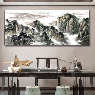 茶室挂画中式书法字画办公室风景山水墨画客厅茶桌背景墙装饰壁画 CT-3887【背有靠山】 长230*100cm 【油画布】金色铝合金外框