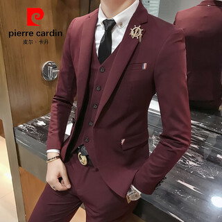 Pierre cardin spring and autumn high-end casual small suit men's suit korean style slim suit jacket british style groom's wedding dress burgundy (suit) m