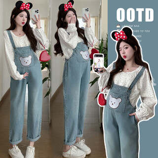 Geman maternity wear spring 2025 korean version suit petite polka dot shirt denim maternity overalls pregnant mother outfit single blue overalls m