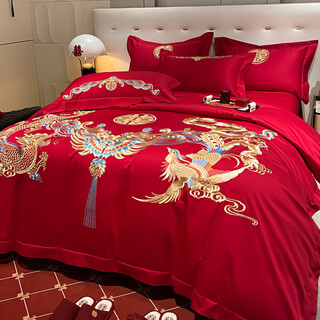 Mercury series light luxury class a 200 count dragon and phoenix embroidery wedding four-piece set big red pure cotton quilt wedding bedding high-end wedding-dragon and phoenix announcement 1.8 meter sheet style suitable for quilt core 200x230